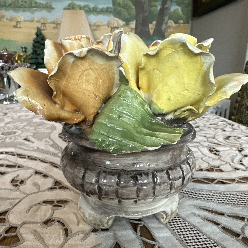 Vintage 1950's Italian Capodimonte 3 Rose Floral Bouquet Footed Centerpiece